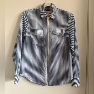 MICHAEL Michael Kors Railroad Stripe Roll-Tab Sleeve Zip Front top, size small.